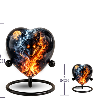 Fire and Ice Wolf Adult Urn for Ashes, Fiery Wolf Memorial Urn, Black Wolf Cremation Urn