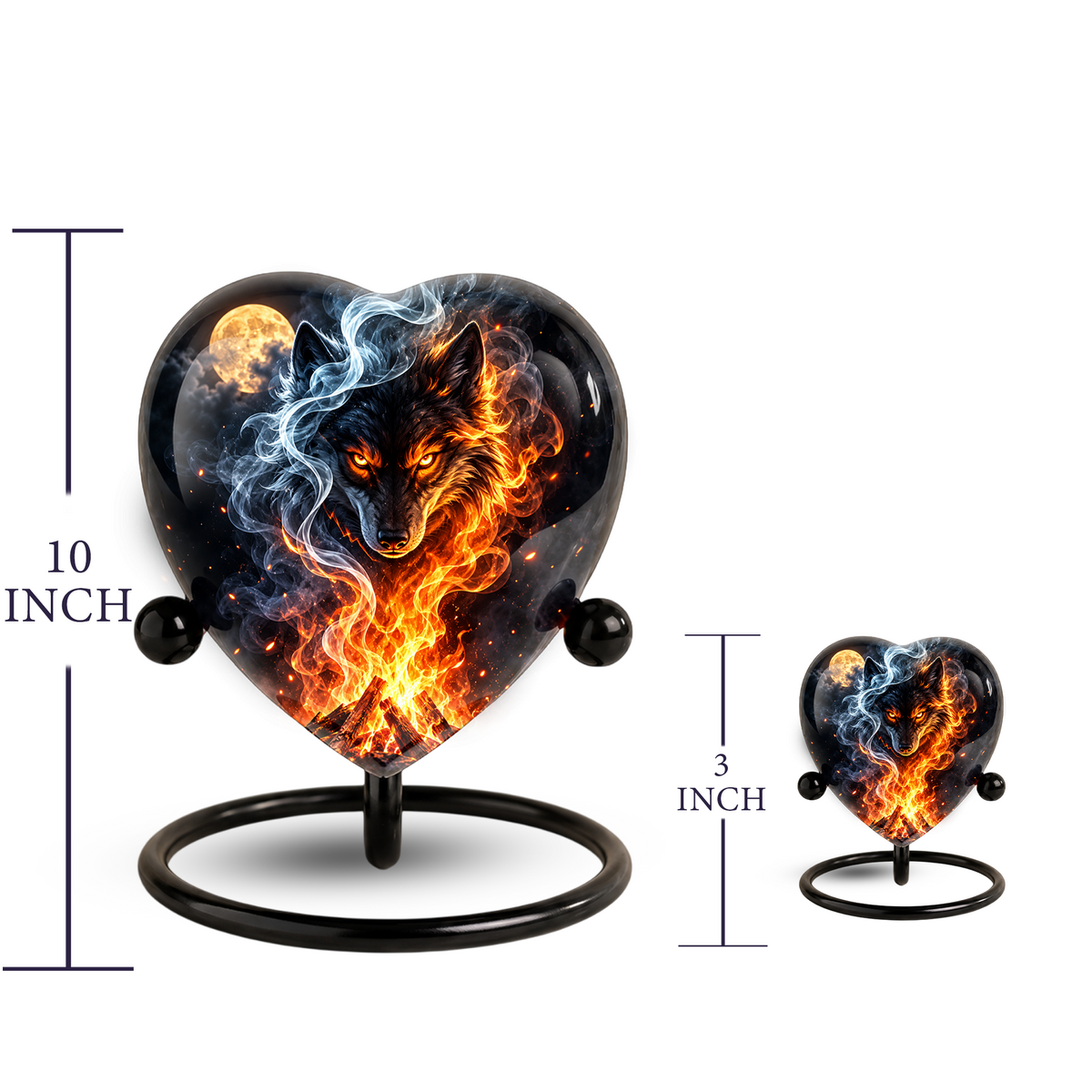 Fire and Ice Wolf Adult Urn for Ashes, Fiery Wolf Memorial Urn, Black Wolf Cremation Urn