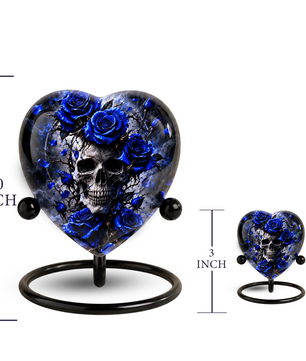 Blue Rose Skull Cremation Urn for Ashes, Gothic Memorial Urn, Blue Rose Urn, Skull Heart Urn, Personalized Adult Cremation Urn