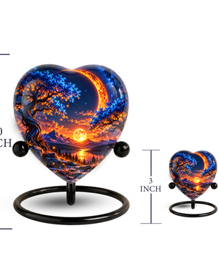 Heart Shaped Moon Urn for Ashes, Celestial Sunset Cremation Urn, Blue Tree and Crescent Moon Memorial Urn