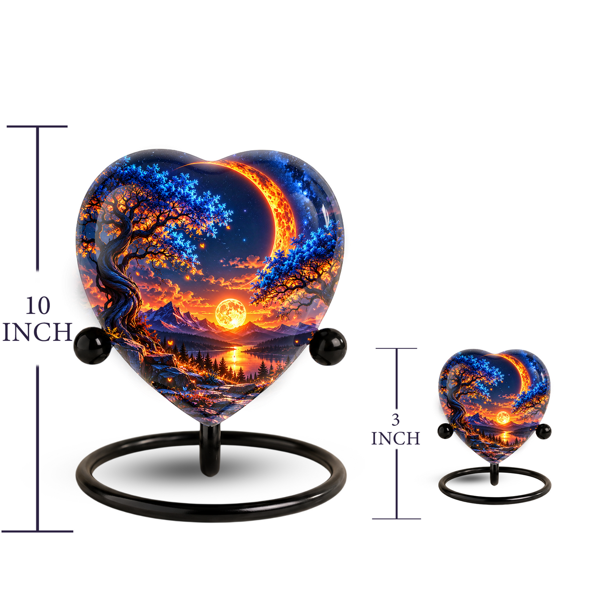 Heart Shaped Moon Urn for Ashes, Celestial Sunset Cremation Urn, Blue Tree and Crescent Moon Memorial Urn