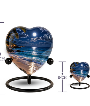 Beach Sunset Heart Cremation Urn for Ashes, Moonlit Ocean Urn, Personalized Coastal Urn