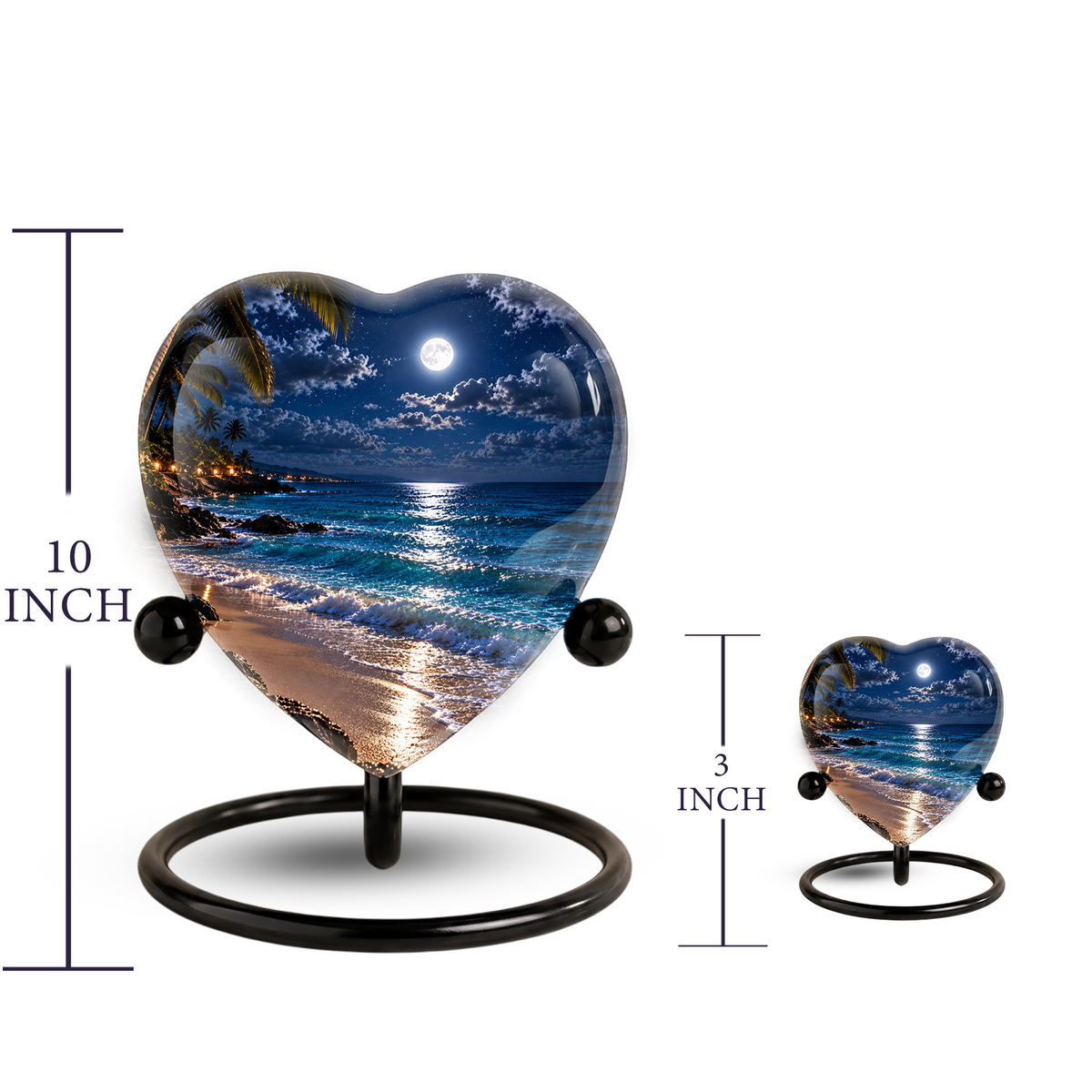 Beach Sunset Heart Cremation Urn for Ashes, Moonlit Ocean Urn, Personalized Coastal Urn