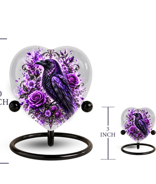 Purple Raven Heart Cremation Urn for Ashes, Crow Memorial Urn, Purple Floral Urn, Raven Urn for Ashes, Personalized Heart Cremation Urn