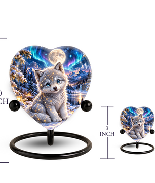 Heart Shaped Wolf Urn for Ashes, White Wolf Puppy Cremation Urn, Northern Lights Pet Memorial Urn