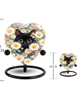 Personalized Black Cat Urn for Ashes – Heart-Shaped White Daisy Memorial,Floral Cat Cremation Urn