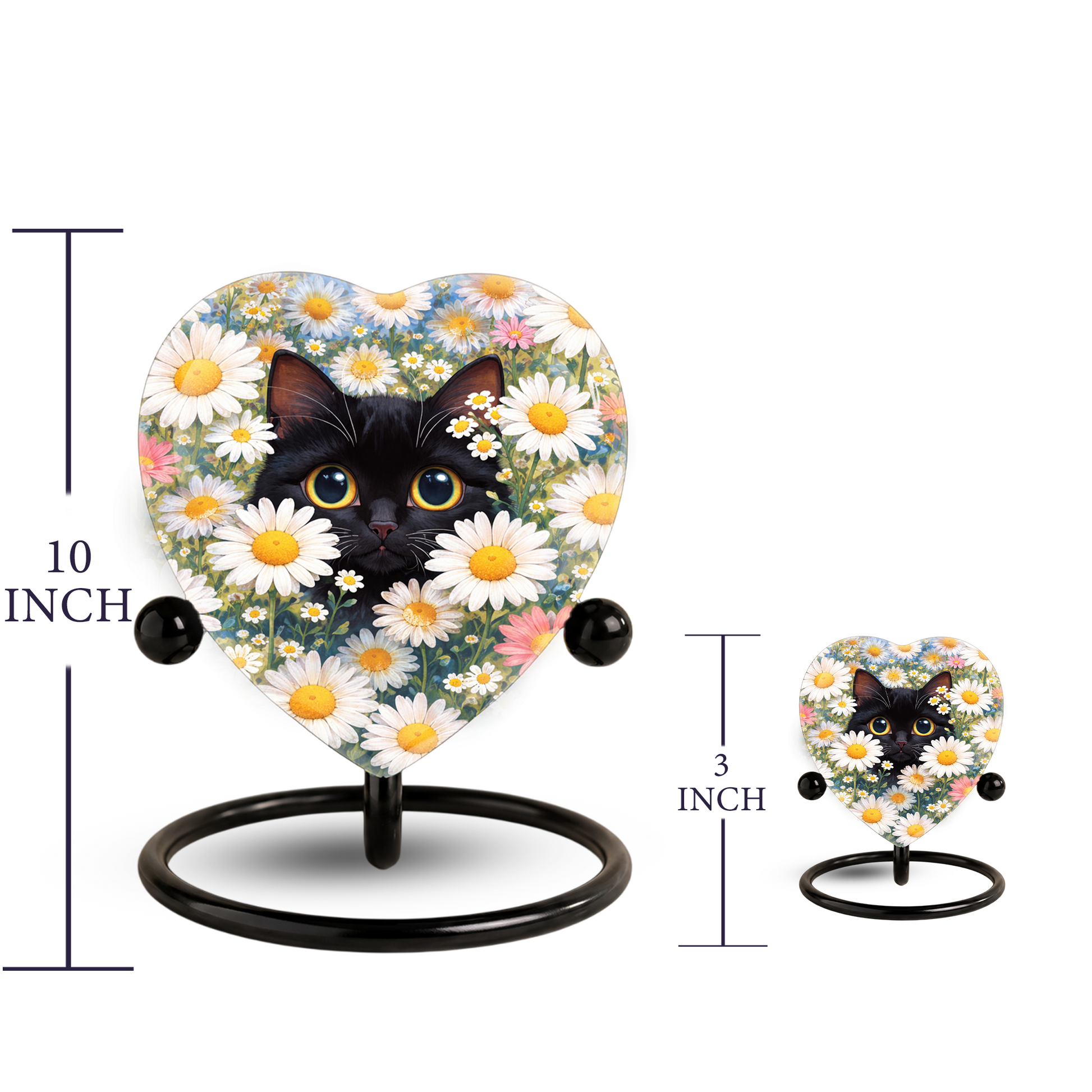 Personalized Black Cat Urn for Ashes – Heart-Shaped White Daisy Memorial,Floral Cat Cremation Urn