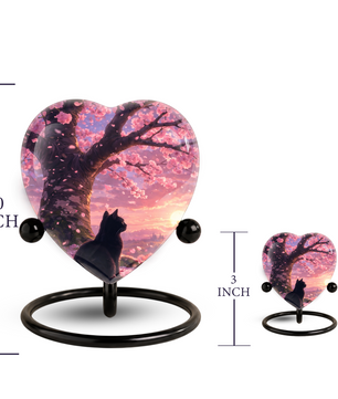 Cherry Blossom Cat Memorial Urn – Black Cat Sunset Heart Urn,Cat Memorial Keepsake Urn for Ashes