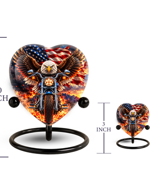 Heart Shaped Eagle Motorcycle Urn for Ashes, American Flag Cremation Urn, Patriotic Biker Memorial Urn for Human Ashes