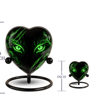Green Cat Adult Cremation Urn for Ashes, Black Cat Memorial Urn, Gothic Cat Personalized Adult Urn, Heart Shaped Cremation Urn