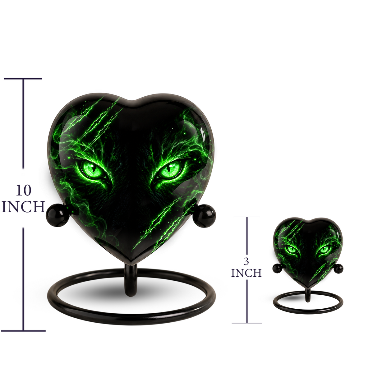 Green Cat Adult Cremation Urn for Ashes, Black Cat Memorial Urn, Gothic Cat Personalized Adult Urn, Heart Shaped Cremation Urn