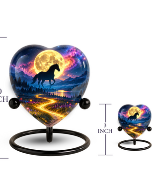 Horse Adult Urn for Ashes, Black Horse and Golden Moon Memorial Urn, Celestial Mountain Cremation Urn