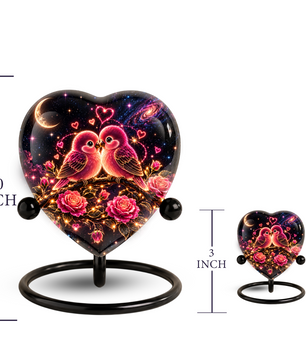 Heart Shaped Love Birds Urn for Ashes, Romantic Pink Birds Cremation Urn
