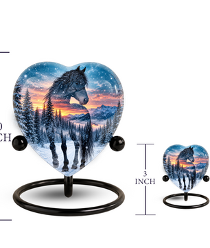Heart Shaped Horse Urn for Ashes, Winter Mountain Sunset Cremation Urn