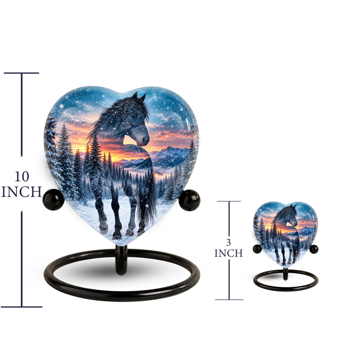 Heart Shaped Horse Urn for Ashes, Winter Mountain Sunset Cremation Urn