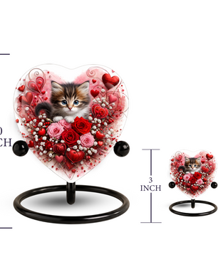Personalized Cat Urn for Ashes – Heart-Shaped Kitten & Rose Memorial, Custom Pet Urn for Cat