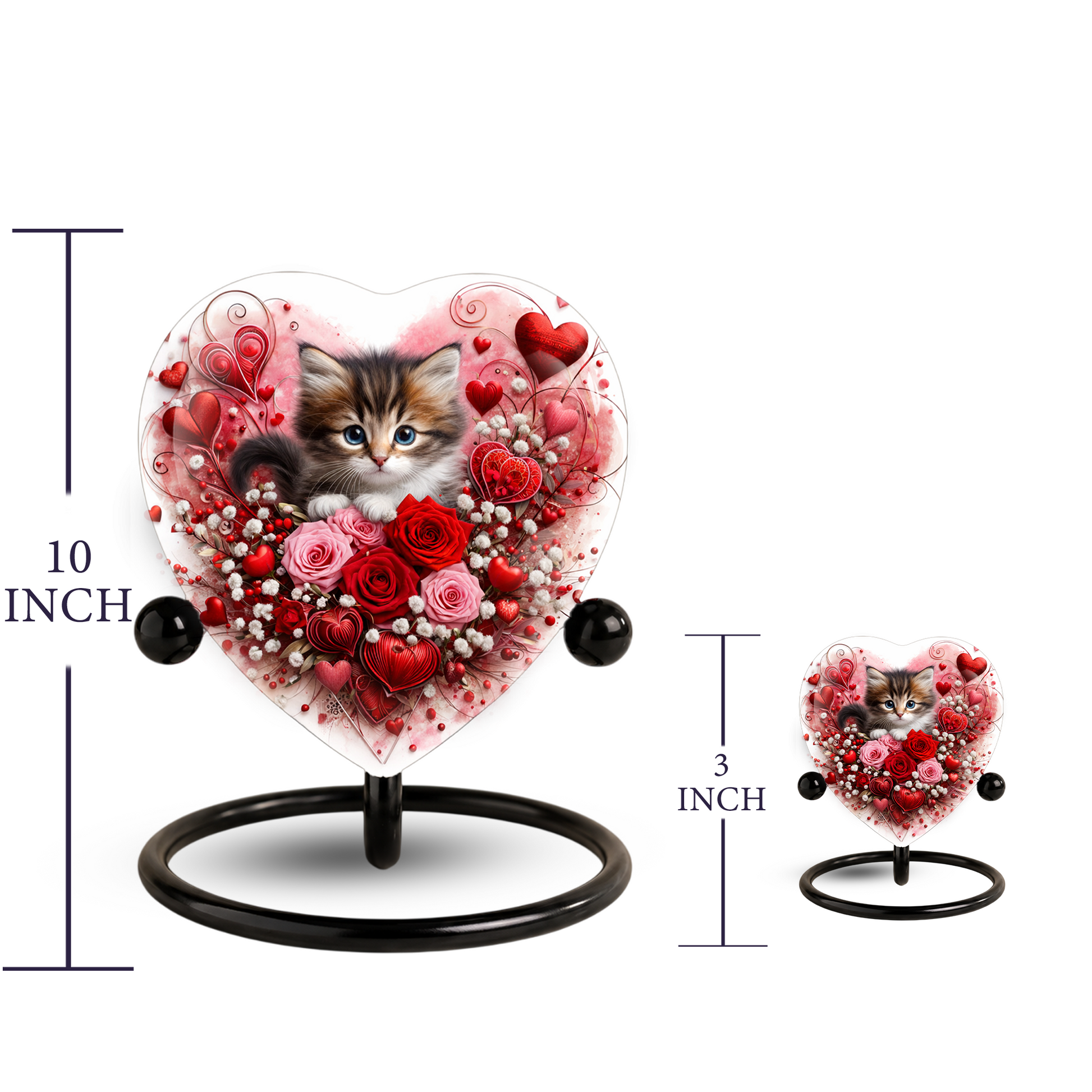 Personalized Cat Urn for Ashes – Heart-Shaped Kitten & Rose Memorial, Custom Pet Urn for Cat