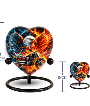 Heart Shaped Eagle Motorcycle Urn for Ashes, Phoenix Fire Cremation Urn, Biker Memorial Urn for Human Ashes