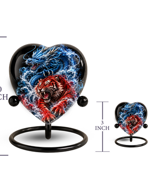 Dragon Tiger Heart Cremation Urn for Ashes, Personalized Adult Memorial Urn Heart Shaped Adult Cremation Urn