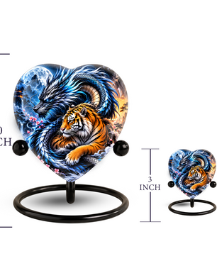 Heart Shaped Dragon and Tiger Urn for Ashes, Fantasy Animal Cremation Urn, Blue Dragon Tiger Memorial Urn for Human Ashes