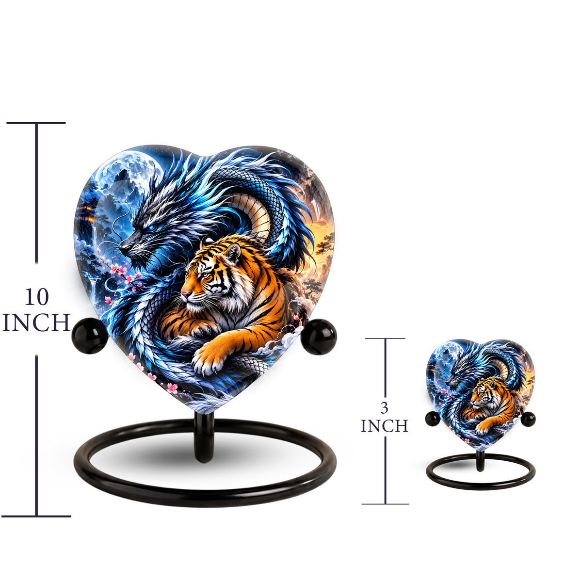 Heart Shaped Dragon and Tiger Urn for Ashes, Fantasy Animal Cremation Urn, Blue Dragon Tiger Memorial Urn for Human Ashes