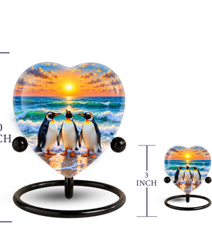 Penguin Beach Cremation Urn for Ashes, Penguin Memorial Urn, Ocean Sunset Urn, Heart Shaped Cremation Urn