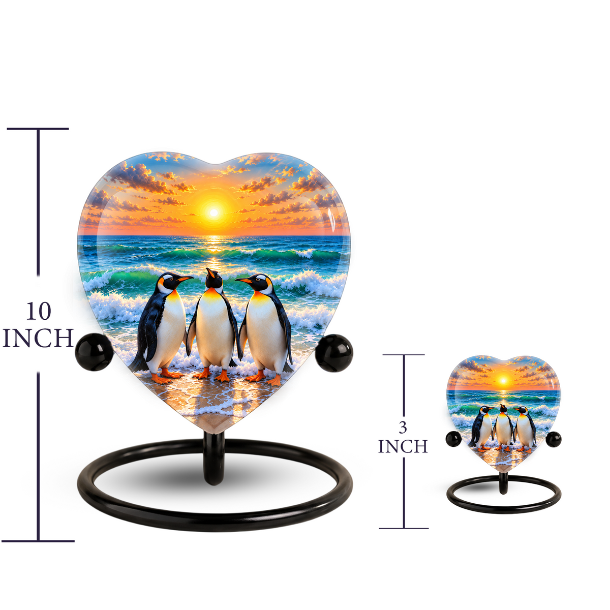 Penguin Beach Cremation Urn for Ashes, Penguin Memorial Urn, Ocean Sunset Urn, Heart Shaped Cremation Urn
