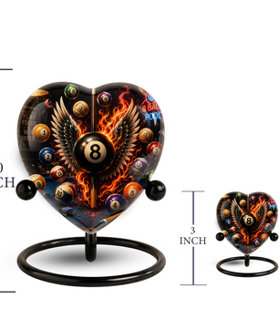Billiards Cremation Urn, Pool Player Memorial Urn, Heart-Shaped Adult Cremation Urn with Flaming Wings