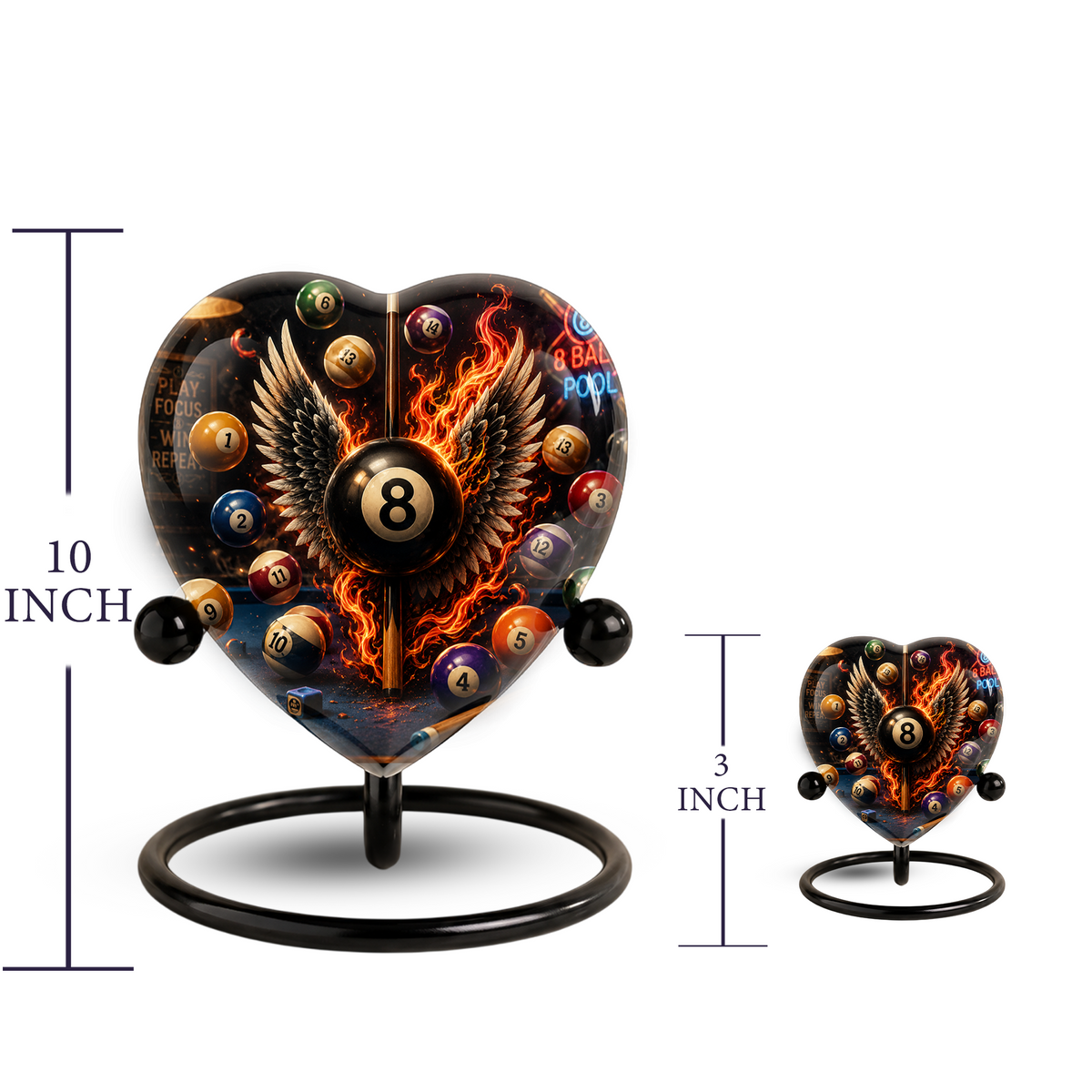 Billiards Cremation Urn, Pool Player Memorial Urn, Heart-Shaped Adult Cremation Urn with Flaming Wings