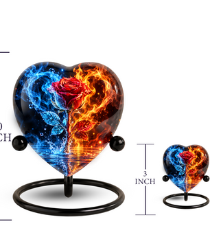 Heart Shaped Red Rose Urn for Ashes, Blue and Orange Flame Cremation Urn