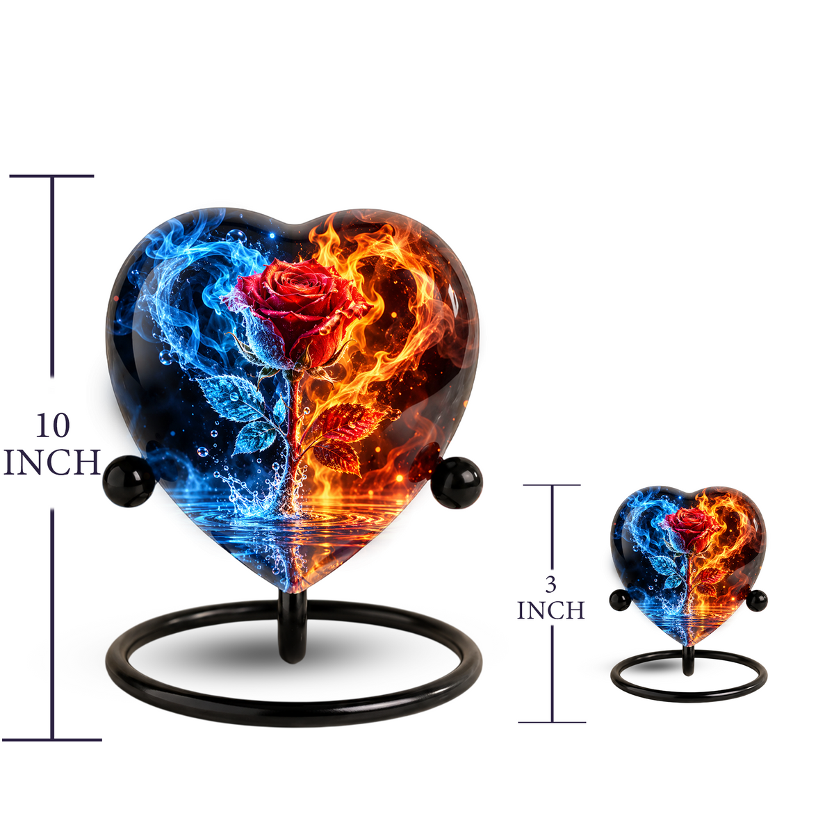 Heart Shaped Red Rose Urn for Ashes, Blue and Orange Flame Cremation Urn