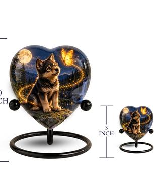 Wolf Memorial Wind Chime – Heart-Shaped Wolf and Butterfly Remembrance Garden Decoration