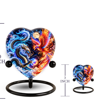 Heart Shaped Dragon and Phoenix Urn for Ashes, Blue Dragon Firebird Cremation Urn, Fantasy Memorial Urn for Human Ashes