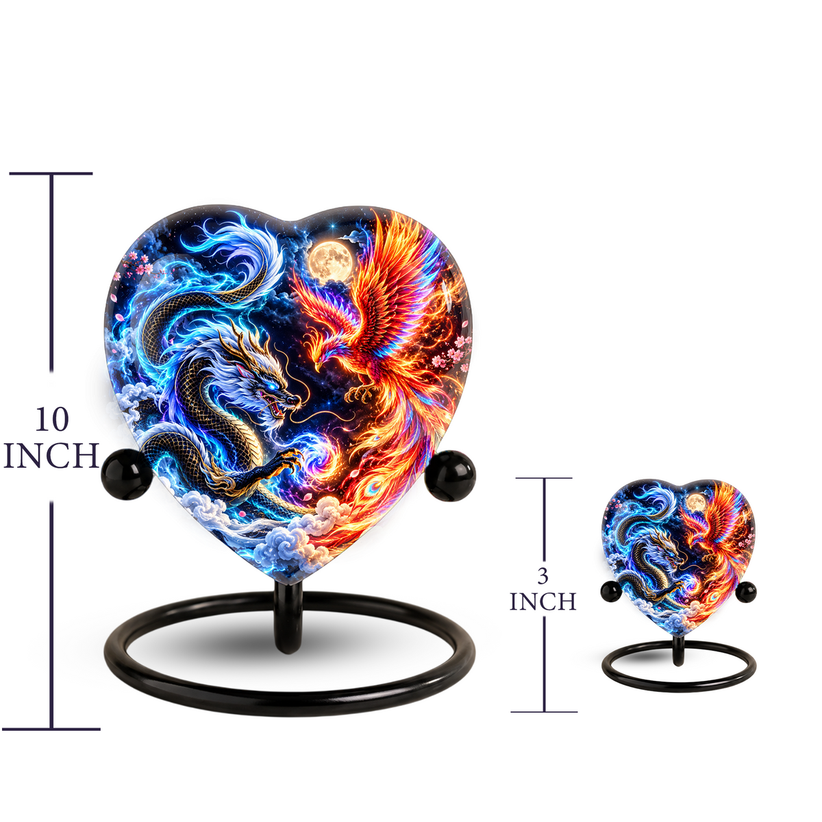 Heart Shaped Dragon and Phoenix Urn for Ashes, Blue Dragon Firebird Cremation Urn, Fantasy Memorial Urn for Human Ashes