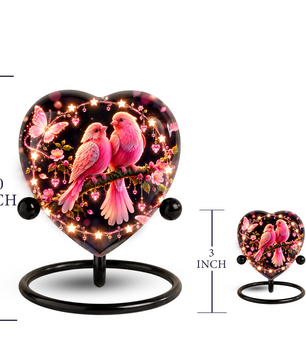 Heart Shaped Pink Birds Urn for Ashes, Butterfly Cremation Urn, Romantic Love Birds Memorial Urn for Human Ashes