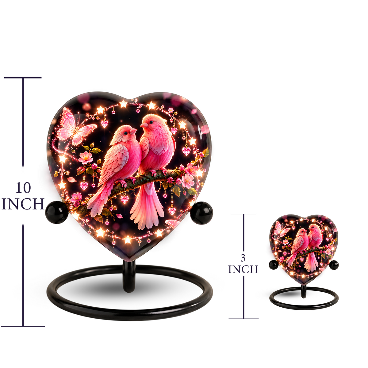 Heart Shaped Pink Birds Urn for Ashes, Butterfly Cremation Urn, Romantic Love Birds Memorial Urn for Human Ashes