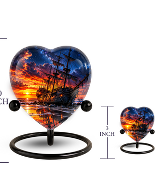 Pirate Ship Heart Cremation Urn for Ashes, Personalized Adult Memorial Urn, Nautical Urn for Men
