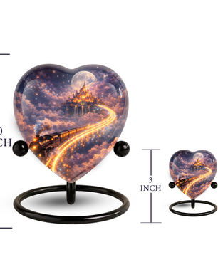 Fantasy Heart Adult Urn for Human Ashes – Enchanted Castle & Train Memorial Adult Cremation Urn