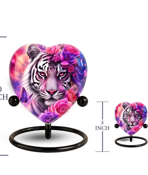 White Tiger Urn – Tiger Cremation Urn, Heart-Shaped Memorial Urn with Pink Roses