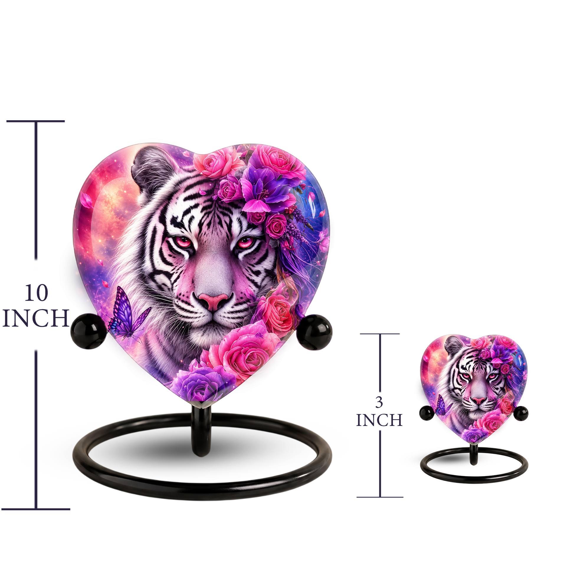 White Tiger Urn – Tiger Cremation Urn, Heart-Shaped Memorial Urn with Pink Roses
