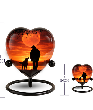 Heart Shaped Urn for Dad – Sunset Memorial Urn with Man & Dog, Personalized Urn for Dad,