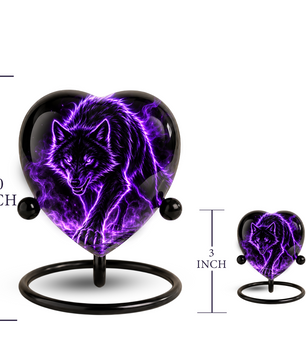 Purple Wolf Adult Cremation Urn for Ashes, Black Wolf Memorial Urn, Personalized Heart Shaped Adult Urn, Wolf Cremation Urn