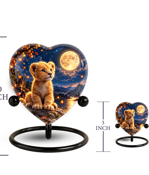 Lion Cub Adult Urn for Ashes, Baby Lion Memorial Urn, Golden Moon and Mountain Cremation Urn