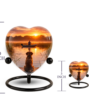 Sunset Fishing Dog Adult Urn for Human Ashes – Heart-Shaped Lake Memorial Adult Cremation Urn