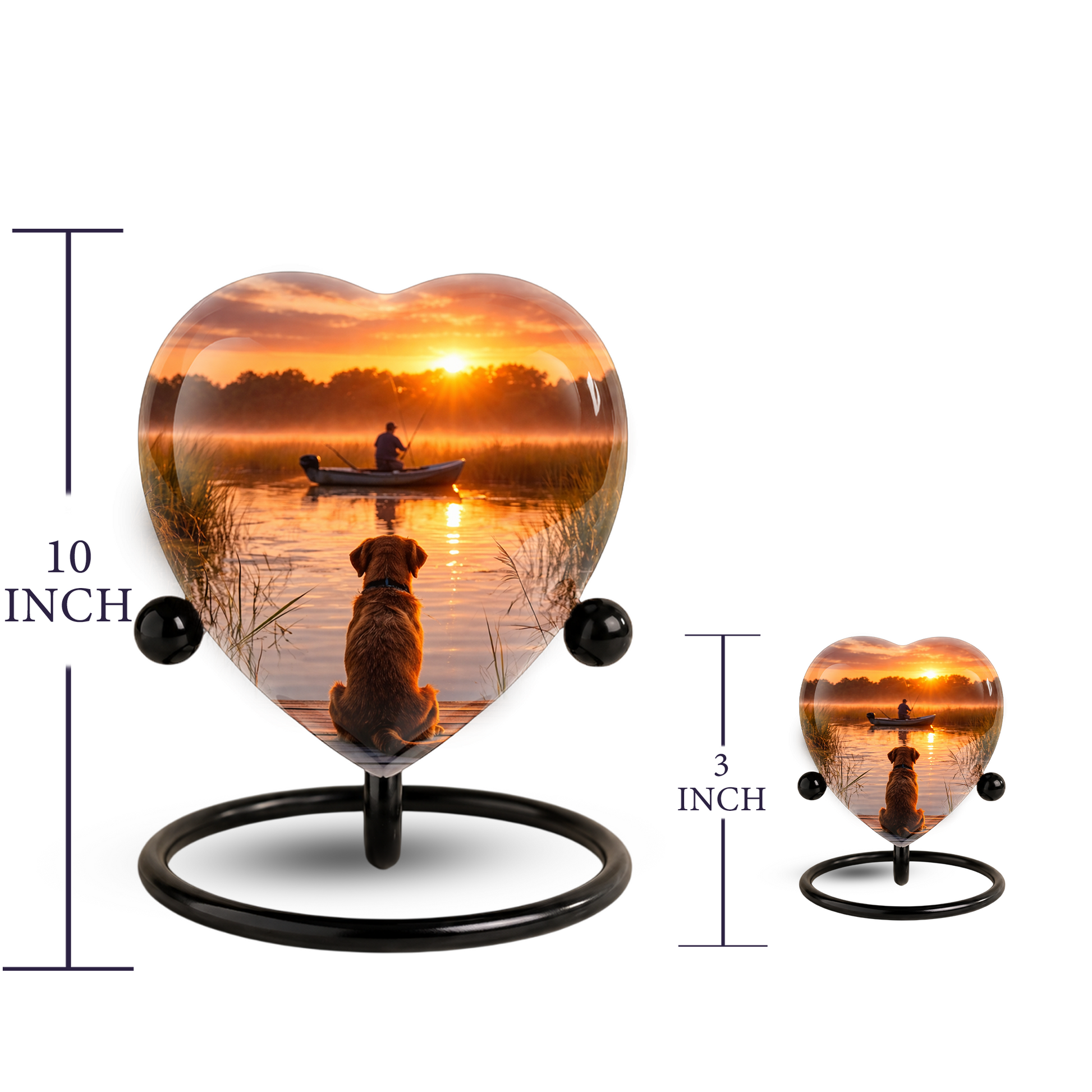 Sunset Fishing Dog Adult Urn for Human Ashes – Heart-Shaped Lake Memorial Adult Cremation Urn