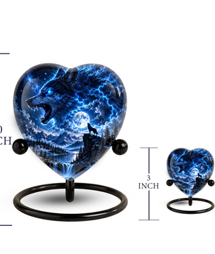 Wolf Adult Urn for Ashes, Blue Lightning Wolf Memorial Urn, Full Moon and Mountain Cremation Urn,