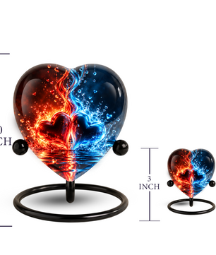 Heart Shaped Red and Blue Hearts Urn for Ashes, Flame Cremation Urn, Romantic Love Memorial Urn for Human Ashes