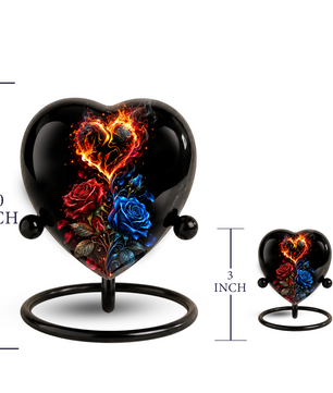 Fire and Roses Adult Cremation Urn for Ashes, Personalized Heart Urn, Red & Blue Rose Memorial Urn, Flame Cremation Urn, Adult Urn