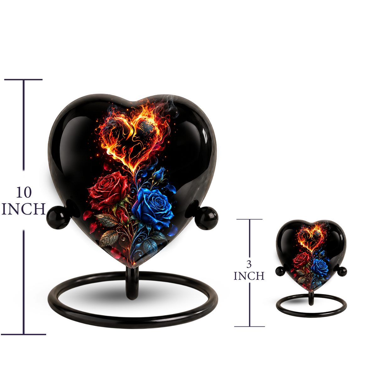 Fire and Roses Adult Cremation Urn for Ashes, Personalized Heart Urn, Red & Blue Rose Memorial Urn, Flame Cremation Urn, Adult Urn