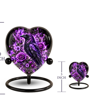 Purple Raven Heart Cremation Urn for Ashes, Raven Memorial Urn, Purple Floral Urn, Crow Urn for Ashes, Gothic Heart Cremation Urn